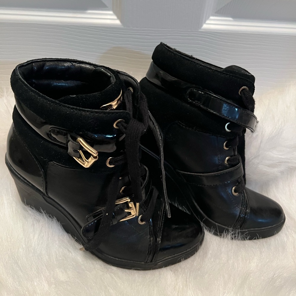 Michael Kors Black Wedge Boots with Gold Buckles